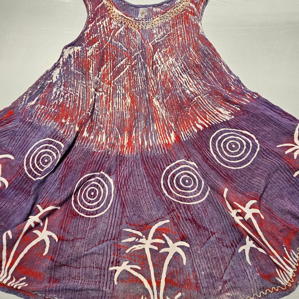 India Boutique Tunic Dress Womens OS Purple Red Batik Palm‎ Tree Boho Sleeveless